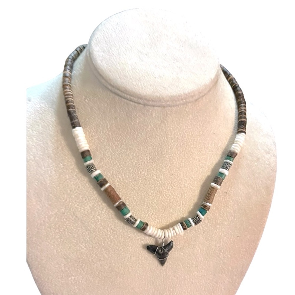 Heishi bead disk shell choker shark tooth wire wrap pendant surfer Boho hippie.